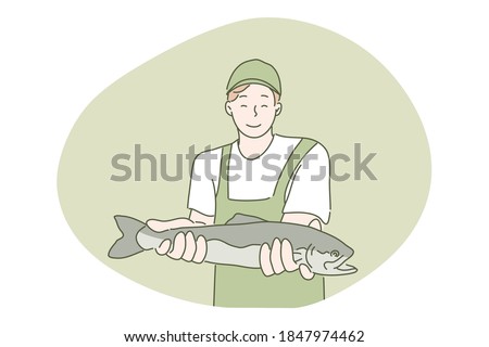 Hobby, fishing, catch concept. Young happy smiling man angler fisherman cartoon character showing fish and looking at camera. Summertime holiday recreation and active lifestyle vector illustration.