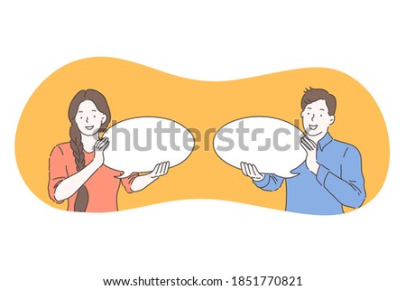 Communication, connection, chat concept. Young smiling woman and man cartoon characters holding white speech message chat bubble signs in hands. Online communication, message, reply, conversation