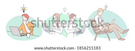 Successful project, great idea, innovation, business concept. Young positive business people sitting with laptops in office or park, working online on laptops and having great ingenious ideas in mind Foto stock © 