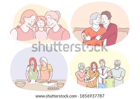 Grandmother and grandchild, happy family with grandparents concept. Happy smiling grandparents helping children in cooking, feeling love from relatives and making family photo together illustration