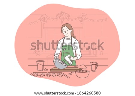 Cooking, baking, recipe concept. Young smiling woman cartoon character in apron standing and mixing ingredients for baking in kitchen. Gourmet food, homemade cake, healthy diet vector illustration 