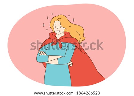 Superhero, superman, power concept. Young smiling woman in red superman costume mantle standing imagining superpower and strength. Fantasy, imagination, justice, strength, champion illustration