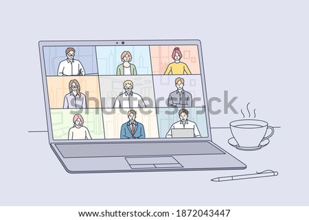 Online meeting, Virtual conference and video call concept. Laptop screen with people partners meeting members taking part in online business meeting and distant negotiations vector illustration 