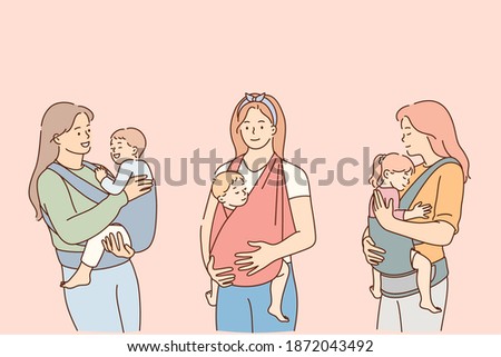 Mothers carrying their kids in slings lifestyle concept. Positive young women mothers carrying their reborn children in cotton sling, babies feeling love and protection from mother vector illustration