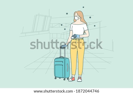 Pandemic influence on travel and airline crisis during covid-19. Lady in face medical mask standing with suitcase in empty airport and checking flight cancellation status on board vector illustration