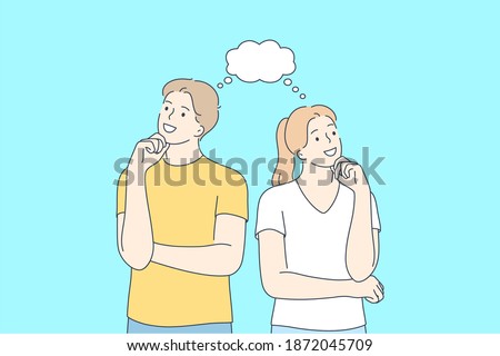 Positive thinking, couple in thoughts, cheerful people concept. Young smiling couple cartoon characters looking aside, touching chin and thinking together vector illustration 