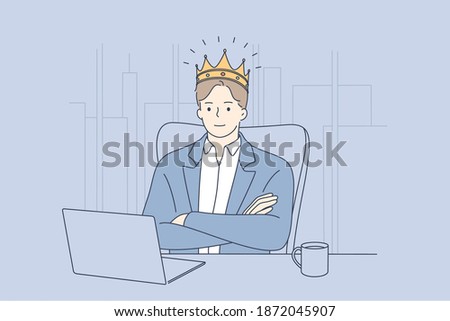 Big boss, confident businessman, director concept. Young businessman ceo in golden crown head sitting in office at laptop and feeling successful employer illustration 
