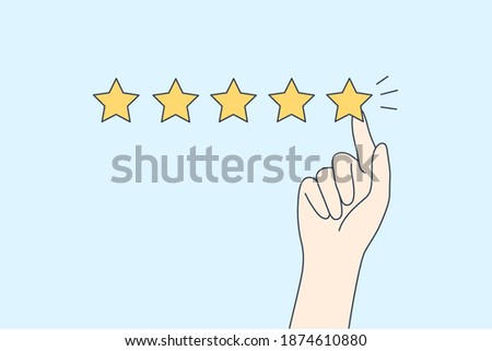 Excellent rating, perfect service and customer feedback concept. Hyman hand showing five star excellent rating with client experience on blue background vector illustration 