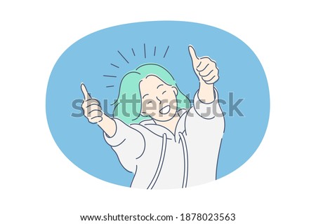 Woman expressing positive emotions concept. Young smiling woman cartoon character feeling happy and showing thumbs up good signs with fingers, showing positive attitude and smiling vector illustration