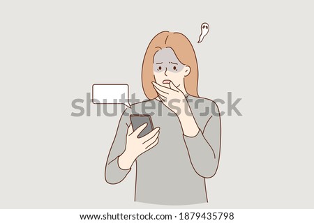 Frustration, broken phone, problems in communication concept. Worried concerned girl cartoon character looking at her phone screen cracked and shattered to pieces or feeling bad with message 