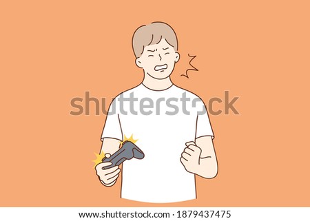 Crazy emotions, excitement, gaming concept. Crazy small boy cartoon character shouting screaming using video game controller and pulling fist as symbol of failure and loss in game 