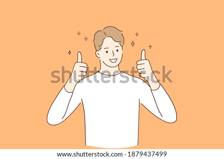 Winner, cheerful mood and thumbs up concept. Young smiling man wearing casual clothes cartoon character standing and showing thumbs up positive gesture with hand vector illustration 