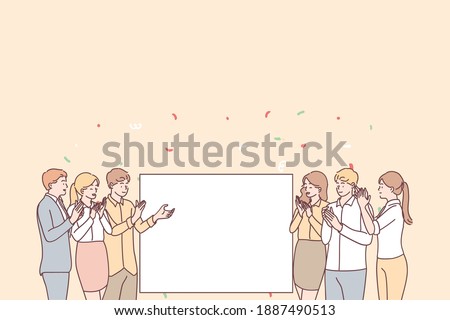 Promotion, demonstration and admiration concept. Group of young smiling positive people office workers standing applauding and looking at white blank mockup for text ad copy space vector illustration 