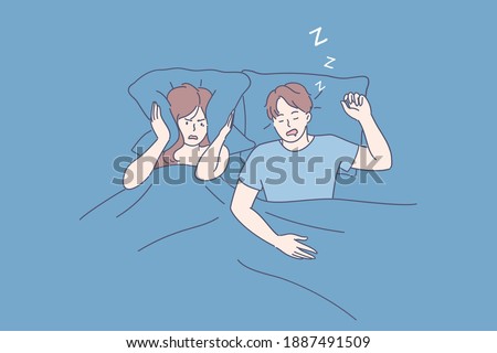 Snoring, insomnia, bad sleep concept. Annoyed stressed young woman cartoon character suffering from insomnia because of snoring man in bed and covering ears with pillow vector illustration, top view 