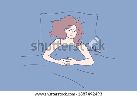 Suffering from sleep disorder and insomnia concept. Young tired sad sleepless girl lying in bed with smartphone and suffering from insomnia trying to fall asleep vector illustration 