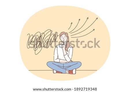 Choice, decision, confidence concept. Young smiling woman cartoon character sitting on floor with various thoughts in mind and deciding choosing one clear position vector illustration 
