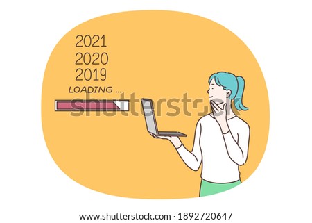 Information downloading, software and technologies concept. Young smiling business woman cartoon character standing with laptop and loading data from previous years from internet cloud 