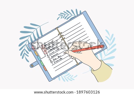 Motivation and aiming for new life concept. Human hands making list of resolutions for starting new life writing in planner and making notes vector illustration, top view 