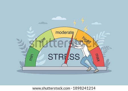 Emotional overload and burnout concept. Young businessman cartoon character trying to push stress level to reducing figures and feeling tired and exhausted with work vector illustration