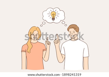 Having idea and solution concept. Young happy couple cartoon characters standing with light bulb between them meaning solved question, creative thinking vector illustration