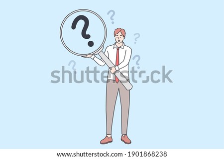 Frequently asked questions, query, investigation concept. Young businessman cartoon character holding magnifying glass and looking through searching for information vector illustration. Stock foto © 