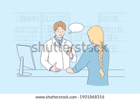 Pharmacy and drugstore concept. Young smiling pharmacist doctor cartoon character consulting woman patient customer in drugstore vector illustration 