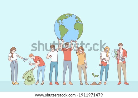 Ecological conversation, save planet concept. Young people volunteers cartoon characters collecting garbage taking care of plants and saving ecology on planet earth vector illustration 