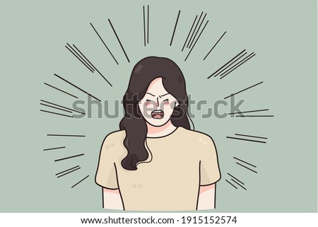 Aggression, hate, rage concept. Screaming emotional angry woman cartoon character standing and shouting with negative emotions over green background vector illustration 