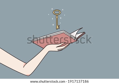 Intelligence, education, unlimited access to knowledge concept. Female hands holding open book with magic golden key meaning chance to unlock wisdom in studying vector illustration 