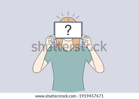 Self identity, Anonymity, uncertainty concept. Unrecognisable woman standing with invisible face and question mark instead of head like mask vector illustration