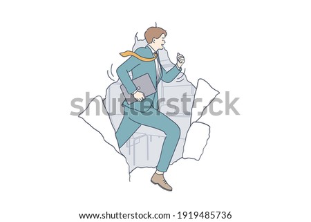 Success, achieving goals, business leadership concept. Young smiling businessman running making breakthrough paper hole achieving targets at work in career and business illustration 