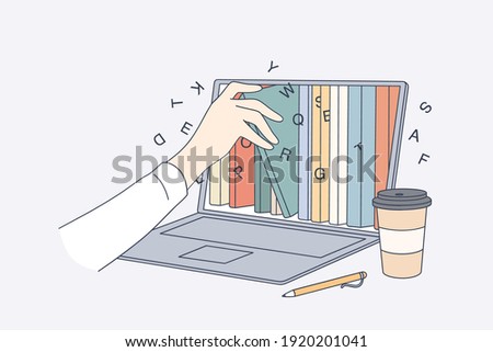 Online library, education in internet concept. Human hand taking e-book from Laptop screen with different books and literature in electronic type for learning and reading vector illustration
