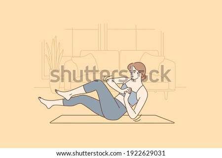 Healthy active lifestyle, training at home concept. Fitness young smiling woman doing twists exercises on fitness mat during morning workout at home feeling energetic vector illustration 
