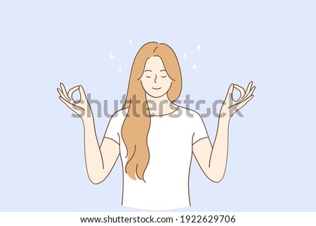 Healthy lifestyle, meditation, yoga concept. Young blonde smiling woman keeping eyes closed and meditating practicing peace of mind, keeping fingers in mudra gesture illustration 