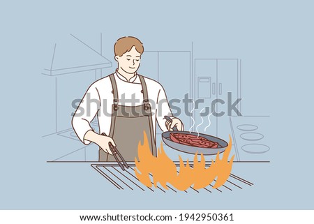 Professional chef, cooking, tasty food concept. Smiling man chef cooking delicious juicy beef steak on flaming grill in restaurant preparing food in modern restaurant kitchen vector illustration 