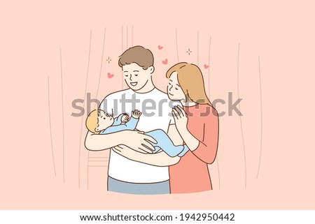 Happy family and childhood concept. Young smiling parents mother and father family standing and holding small toddler infant newborn baby in hands feeling love and happiness vector illustration 