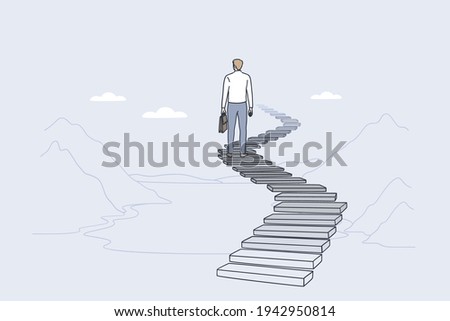 Success, leadership, achieving goal concept. Back of businessman standing on ladder forward and looking ahead for new possibilities and development vector illustration 