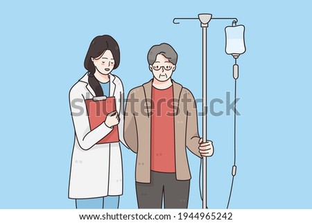 Fighting with cancer and healthcare concept. Elderly man with cancer during chemotherapy recovering from illness in hospital with nurse or doctor walking nearby vector illustration 