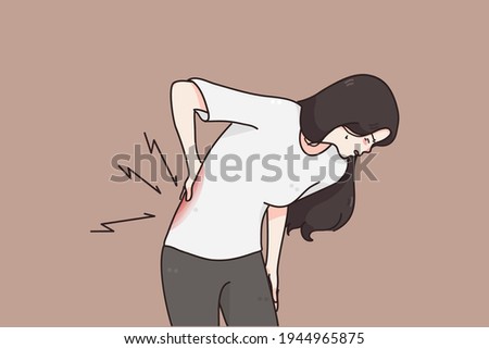 Suffering from Chronic back pain concept. Young woman standing holding her lower back suffering from unbearable pain vector illustration 