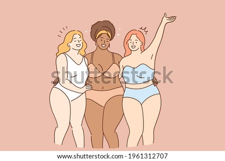 Body acceptance, body positivity and diversity concept. Group of 3 smiling happy oversize women posing in bikini and feeling confident and positive vector illustration 