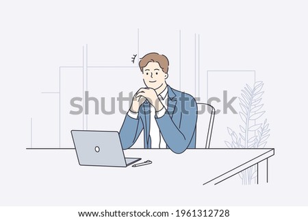 Businessman during work planning concept. Young positive businessman cartoon character sitting at desk deep in thought working on laptop in office vector illustration 