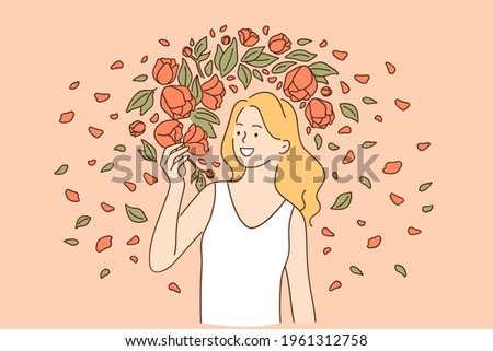 Natural beauty and flowers concept. Young smiling woman model wearing white dress looking at the flowers while standing beside flowers on summer day vector illustration 