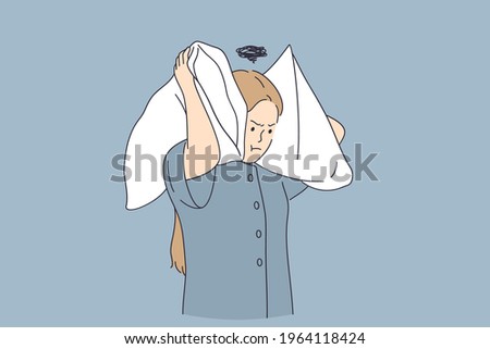 Stress and annoying concept. Annoyed young woman cartoon character standing covering ears with pillows feeling irritated of loud noise vector illustration 