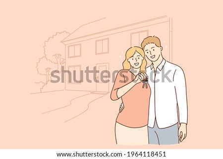 Real estate, new apartment concept. Young smiling happy couple cartoon characters standing holding Keys of New Home feeling excited vector illustration 