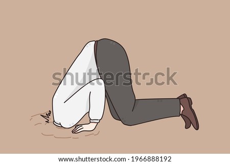 Ignoring problems in business concept. Man Businessman hiding his head in sand escaping from problems over grey background vector illustration 