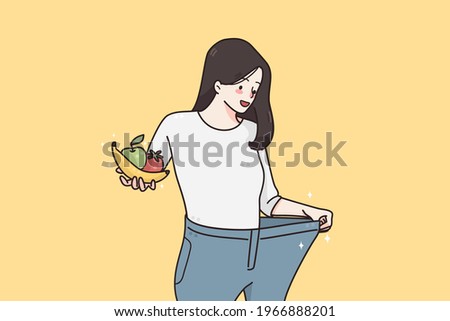 Weight loss and diet concept. Happy smiling woman in oversized jeans standing holding fresh fruits and vegetables showing weight loss results vector illustration 