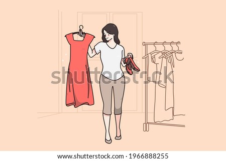 Hard choice and fitting room concept. Stylish young woman cartoon character smiling holding red dress and shoes posing in dressing room vector illustration 