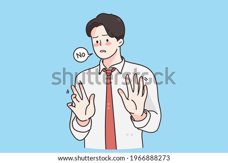 Stop, forbidden sign, refusal concept. Young frustrated handsome businessman wearing tie standing Moving away hands palms showing refusal and denial vector illustration  Foto stock © 