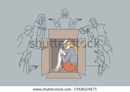 Pressure, bad emotions, desperate state concept. Unhappy stressed scared businesswoman sitting hiding inside box with negative human emotions feeling pressure and negative attitude from people