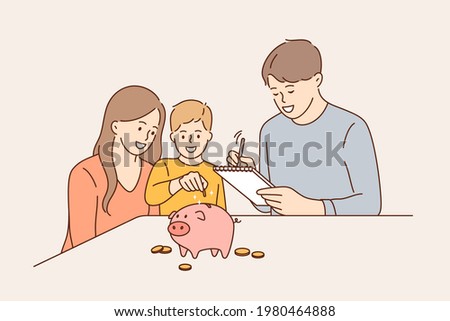 Family budget and saving money concept. Young positive family with child boy cartoon characters sitting and putting coins to pink piggybank to save earnings vector illustration 
